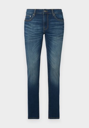 Jeans in denim blu scuro con vestibilità slim, cinque tasche e cuciture gialle a contrasto. Presentano una chiusura con zip e bottone.