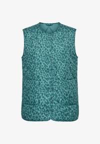 Chaleco acolchado sin mangas color verde azulado con estampado de leopardo oscuro, cierre con botones a presión, escote redondo y bolsillos delanteros de parche.