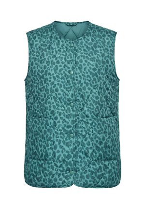 Bezruká prošívaná vesta v barvě modrozelené s tmavým leopardím vzorem, zapínáním na druky, kulatým výstřihem a předními našitými kapsami.