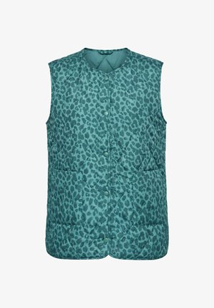 Bezruká prošívaná vesta v barvě modrozelené s tmavým leopardím vzorem, zapínáním na druky, kulatým výstřihem a předními našitými kapsami.