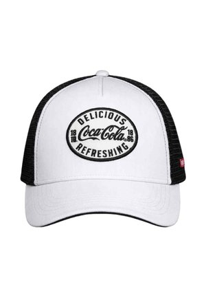 Casquette de baseball en mesh blanc et noir avec un patch à l'avant affichant le logo "Delicious Refreshing Coca-Cola 1886".