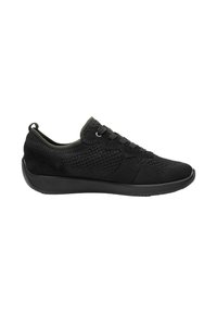 Zapatillas deportivas negras con parte superior de punto texturizado, acentos de gamuza y suela de goma. Presentan un diseño elegante y de perfil bajo con cierre de cordones.