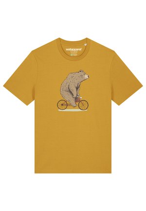 Yellow cotton T-shirt featuring an illustration of a bear riding a bicycle. Short sleeves and crew neck design with a relaxed fit.