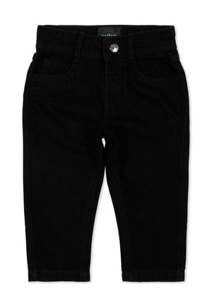 Jeans neri per bambini piccoli con tasche frontali, passanti per cintura, chiusura con bottone ed etichetta del marchio Richmond all'interno della cintura.