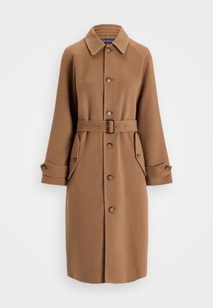 Brown wool-blend coat with a collar, button front, two large side pockets, and a matching belt. Features long sleeves with buttoned cuffs.