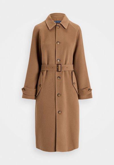Brown wool-blend coat with a collar, button front, two large side pockets, and a matching belt. Features long sleeves with buttoned cuffs.