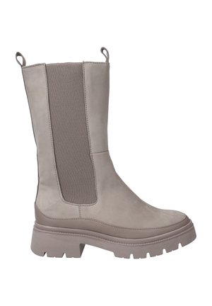 Graue Wildleder-Stiefelette mit elastischen Seiteneinsätzen, strukturierter Oberfläche und dicker Profilsohle. Verfügt über Zuglaschen an der Oberseite für ein einfaches Anziehen.