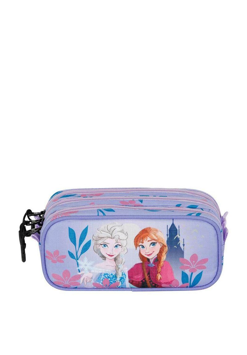 Trousse violette avec trois compartiments zippés, illustrée de deux personnages, de motifs floraux et d'un château emblématique en arrière-plan.