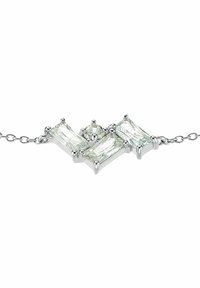 Silver necklace featuring three rectangular and one round clear stones, set in prong settings. Elegant chain design complements the centerpiece.