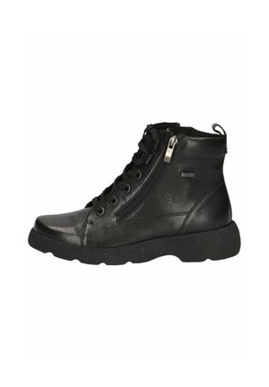 Bottines noires en cuir texturé, avec un bout rond, une fermeture Éclair sur le côté et une semelle en caoutchouc noir épaisse avec des lacets.
