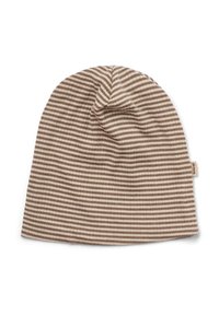Bonnet en tricot aux rayures marron et crème, fabriqué en tissu tricoté doux. Présente un sommet froncé et une petite étiquette de marque sur le côté.