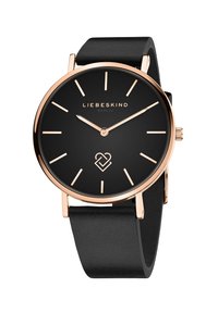 Schwarzfarbiges Armbanduhren mit rundem Zifferblatt, roségoldenen Akzenten, minimalistischem Design, einfachen Stundenmarkierungen und einem glatten schwarzen Armband.