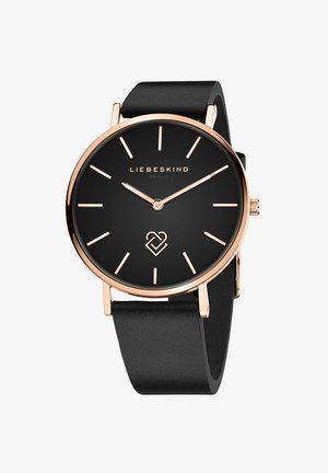 Sort ur med et rundt ansigt, roseguld accenter, minimalistisk design, enkle timemarkeringsindikationer og et glat sort rem.