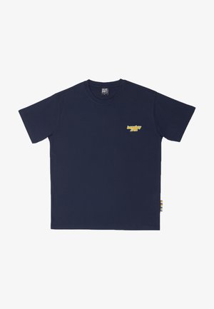 Navyblauwe katoenen t-shirt met een ronde hals, korte mouwen en een klein "homeboy" logo op de linkerborst; beschikt over een meerkleurig gestreept label aan de zijkant.