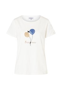 White cotton t-shirt with short sleeves, featuring a graphic of blue and gold balloons and the text "simply happy" in brown.