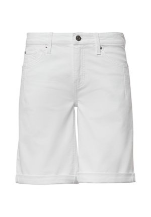 Bele jeans kratke hlače ravnega kroja s zavihanimi robovi, dvema sprednjima žepoma in enim zadnjim žepom. Imajo gumb in zadrgo za zapiranje.