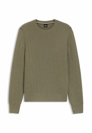 Groene gebreide trui met een textuurpatroon in chevronstijl, ronde halslijn en geribbelde manchetten en onderkant. Gemaakt van zachte stof voor comfort.