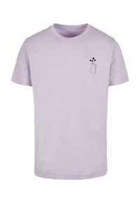 Lavender cotton t-shirt with short sleeves, featuring a black line-drawing of a jug with flowers on the left chest area. Classic crew neck design.