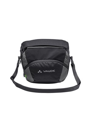 Borsa a spalla nera con dettagli grigi, realizzata in nylon strutturato. Presenta un comparto principale con zip e una tracolla regolabile, con il marchio "VAUDE."