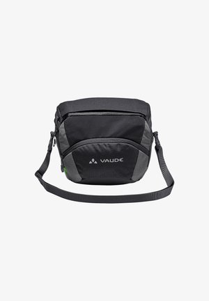 Borsa a spalla nera con dettagli grigi, realizzata in nylon strutturato. Presenta un comparto principale con zip e una tracolla regolabile, con il marchio "VAUDE."