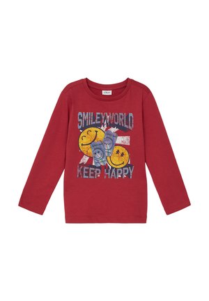 Rotes Langarm-T-Shirt mit blauen und gelben Smiley-Grafiken und dem Text "SMILEYWORLD" und "KEEP HAPPY" in kontrastierenden Farben.