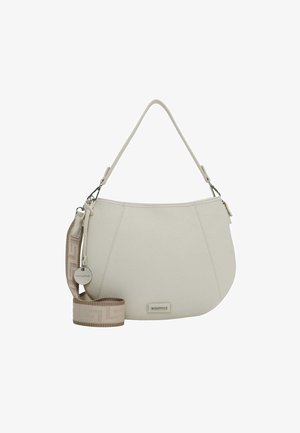 Borsa a tracolla in pelle beige con forma curva, tracolla staccabile con motivo e dettagli in metallo silver. Finitura testurizzata sul corpo.