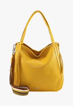 Gele leren schoudertas met lange handvatten, decoratieve kwast aan de zijkant en een gestreepte afneembare stoffen riem.