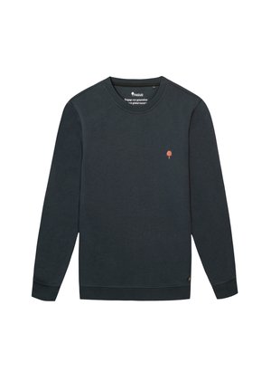 Dunkelgrüner Sweatshirt mit langen Ärmeln und rundem Ausschnitt. Verfügt über ein kleines orangenes Baum-Logo auf der Brust und gerippte Bündchen.