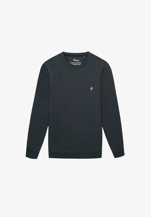 Sweat-shirt vert foncé à manches longues et encolure ronde. Présente un petit logo d'arbre orange sur la poitrine et des poignets côtelés.