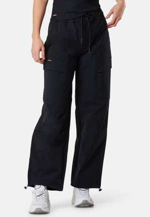 Black cargo pants with an elastic waistband, drawstring, and multiple side pockets, crafted from lightweight fabric with a relaxed fit.