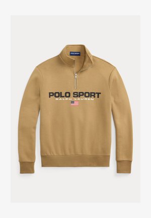 Fekete cipzáras pulóver, puha anyagból készült, amelyen vastag fekete betűkkel szerepel a "POLO SPORT" és a "RALPH LAUREN" felirat, amerikai zászló akcentussal.