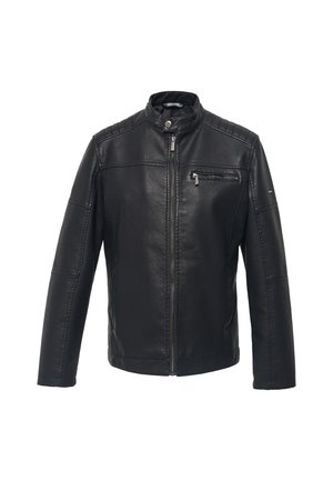 Veste en cuir noir avec col montant, fermeture éclair sur le devant et poche diagonale sur la poitrine. Dotée d'accents matelassés aux épaules et de manches longues.