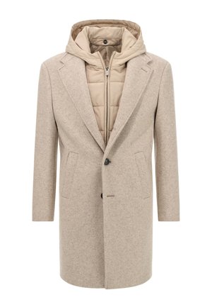 Beigen värinen villa-sekoiteinen takki, jossa on tikattu, beigen värinen hupullinen sisäkerros. Ominaisuuksiin kuuluu istuva leikkaus, kaksi etutaskua ja yksittäinen napitus.