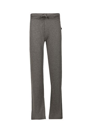 Graue Sweatpants aus weichem Stoff, mit einem elastischen Bund und einem Kordelzug, geraden Beinen und ohne sichtbare Muster oder Akzente.