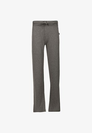 Graue Sweatpants aus weichem Stoff, mit einem elastischen Bund und einem Kordelzug, geraden Beinen und ohne sichtbare Muster oder Akzente.
