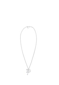 Sølv kædende halskæde med et kors og hjerte vedhæng; poleret overflade med strukturerede accenter; justerbar lås.