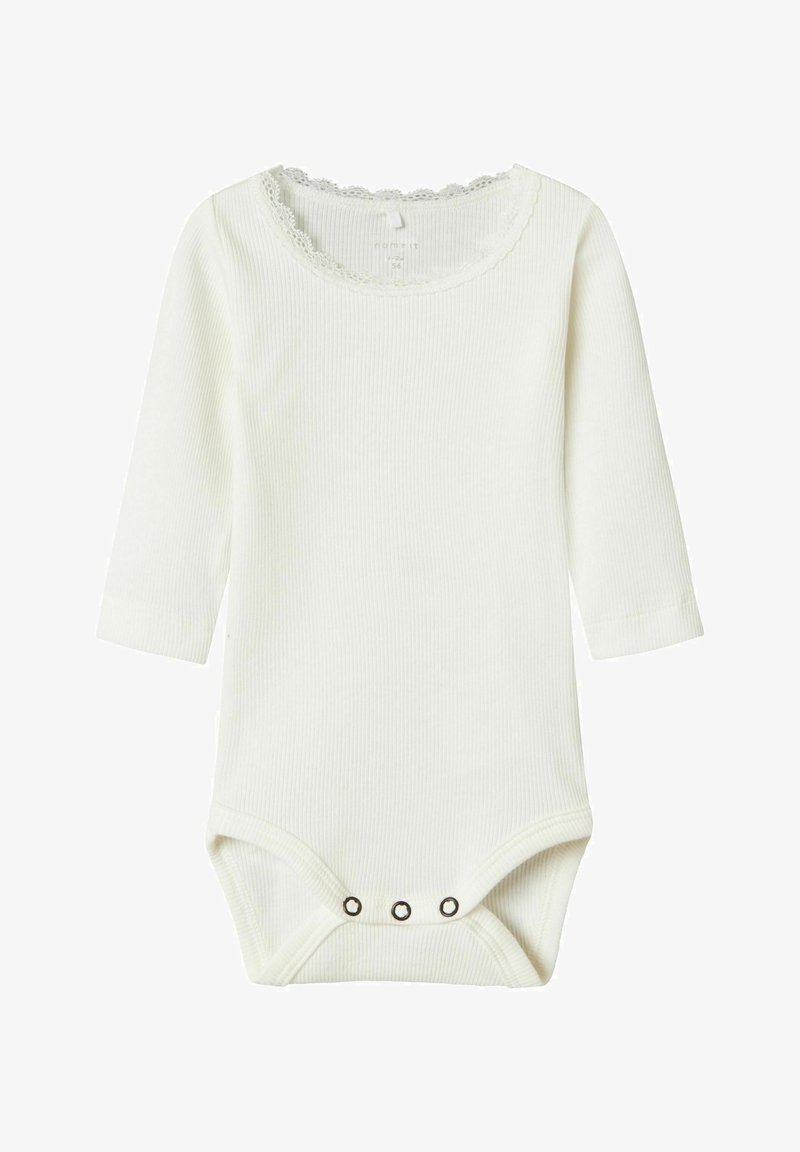 White ribbed bodysuit with long sleeves, lace trim around the neckline, and snap closures at the bottom. Soft cotton material.