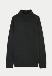 Dunkelgrauer Rollkragenpullover aus weichem Strickmaterial. Besitzt gerippte Bündchen und Saum, hat eine lässige Passform und keine weiteren Muster.