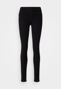 Black skinny jeans with a smooth texture, high-rise waist, five-pocket design, and a button closure at the front.