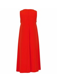 Red sleeveless dress with a round neckline, A-line shape, and smooth fabric, featuring a central back seam for design detail.
