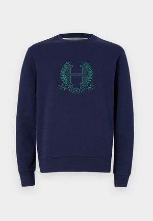 Navy blue sweatshirt made of cotton, featuring a raised green logo with an “H” and laurel accents. Classic crew neck and fitted cuffs.