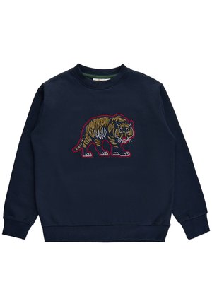 Marineblaues Sweatshirt mit Rundhalsausschnitt, das ein farbenfrohes besticktes Tigermotiv zeigt. Weicher Stoff mit gerippten Bündchen und Saum.