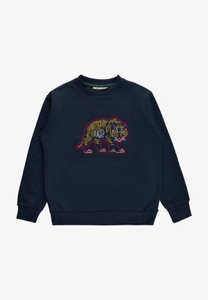 Granatowy sweatshirt z okrągłym dekoltem, z kolorowym haftowanym wzorem tygrysa. Miękka tkanina z ściągaczami na mankietach i u dołu.