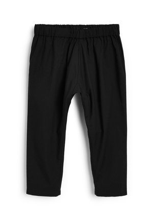 Pantalon noir à taille élastique, coupe décontractée et jambes droites, présenté à plat sur fond blanc.