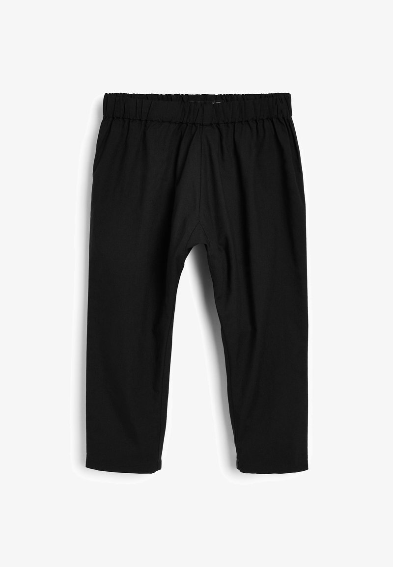 Pantalon noir à taille élastique, coupe décontractée et jambes droites, présenté à plat sur fond blanc.