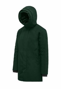Parka impermeabile verde scuro con cappuccio, caratterizzata da un esterno liscio, tasche laterali e polsini elastici per maggiore comfort e calore.