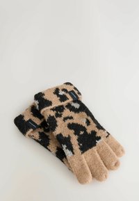 Tan and black leopard print knitted gloves with a soft texture and ribbed cuffs, featuring tags on the wrist area.