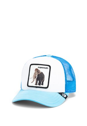 Blue and white cap featuring a square patch with an embroidered mammoth design, mesh back and curved brim with a smooth texture.