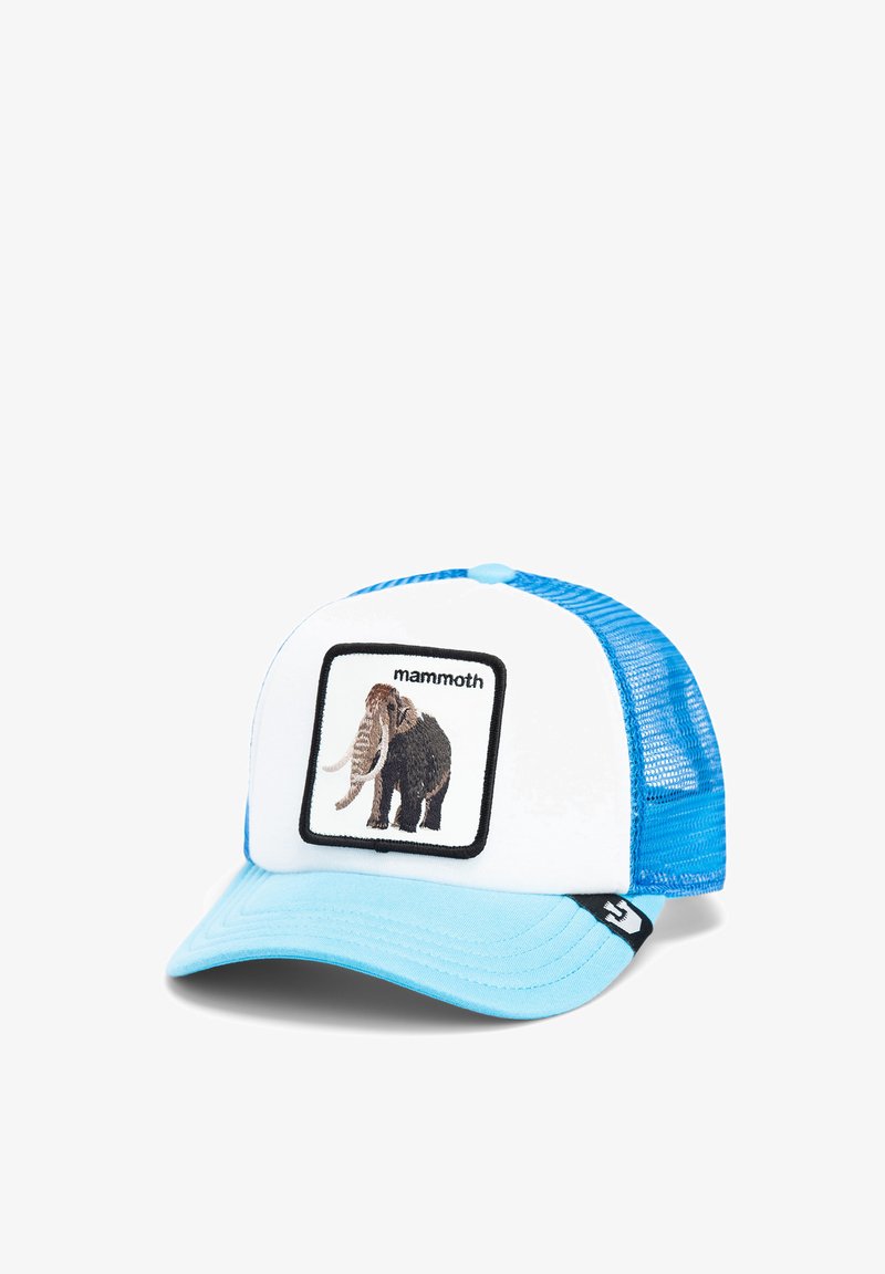 Blau-weiße Kappe mit einem quadratischen Patch, auf dem ein gesticktes Mammut-Design zu sehen ist, einem Netzrücken und einem gebogenen Schirm mit einer glatten Oberfläche.