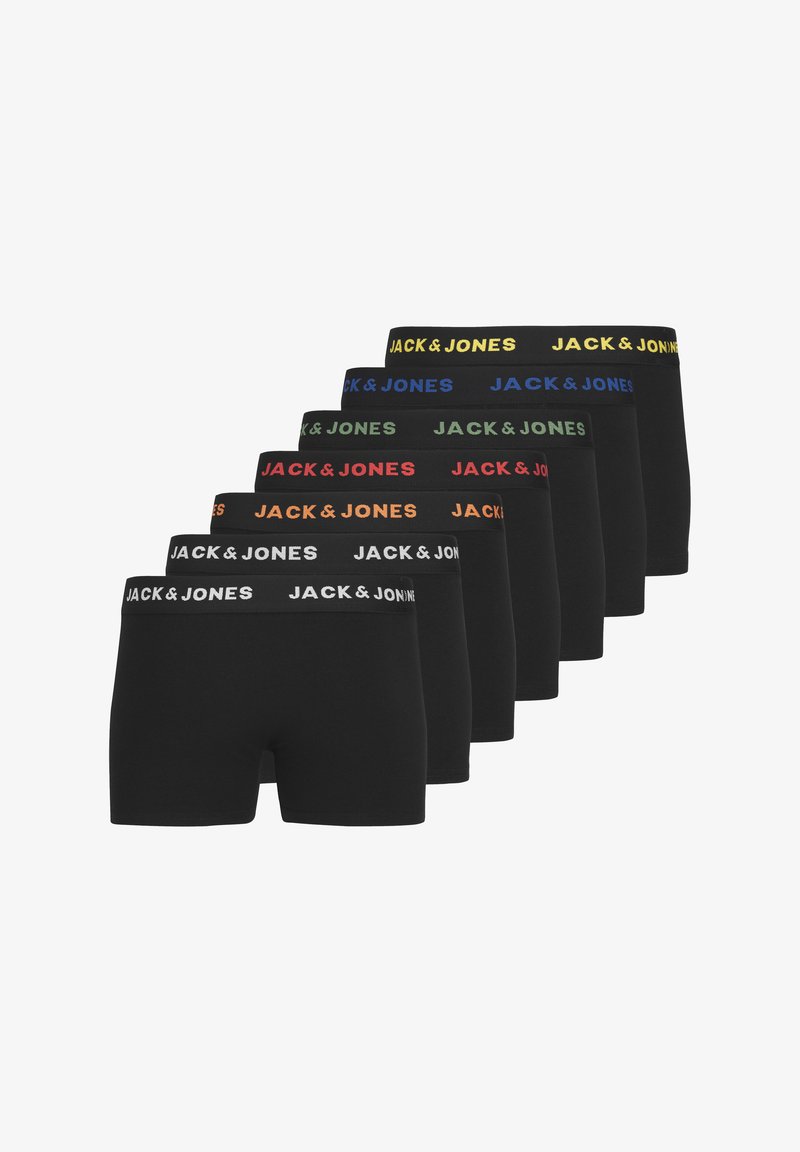Schwarze Boxer-Shorts im Pack mit sechs, ausgestattet mit bunten elastischen Taillenbändern und dem "JACK & JONES" Logo in Rot, Grün, Blau, Gelb und Orange.